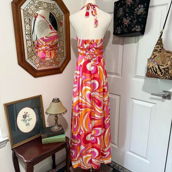 VTG Y2K OC OC By Oleg Cassini Pink & Orange Retro Silk Beaded Maxi Halter Dress - Picture 4 of 7